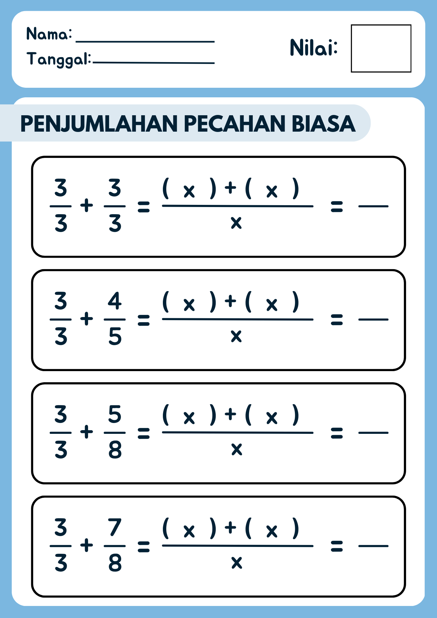 Soal Penjumlahan Pecahan Biasa