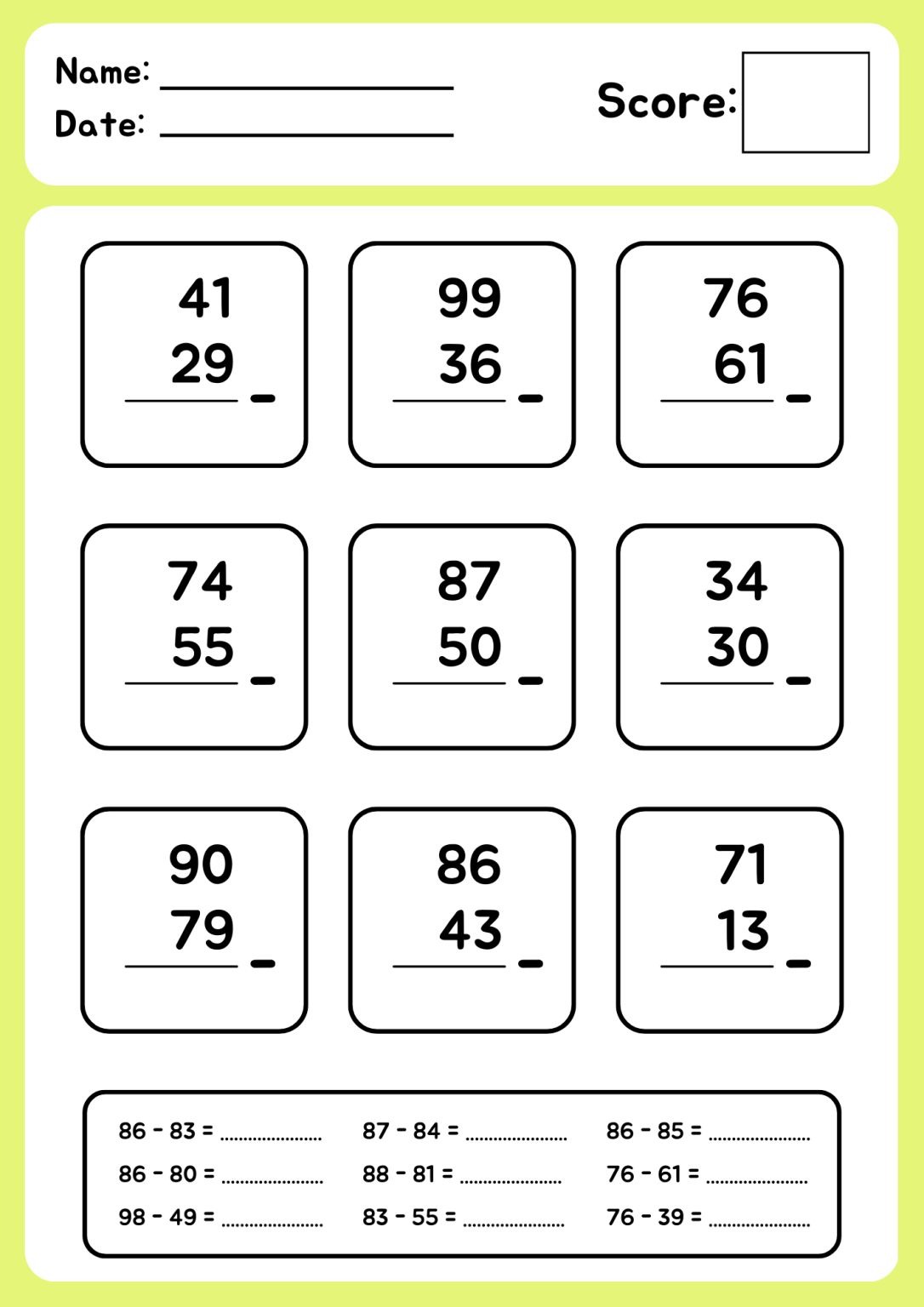 Download PDF of Two-Digit Subtraction Workbook for Grades 1 and 2 of ...