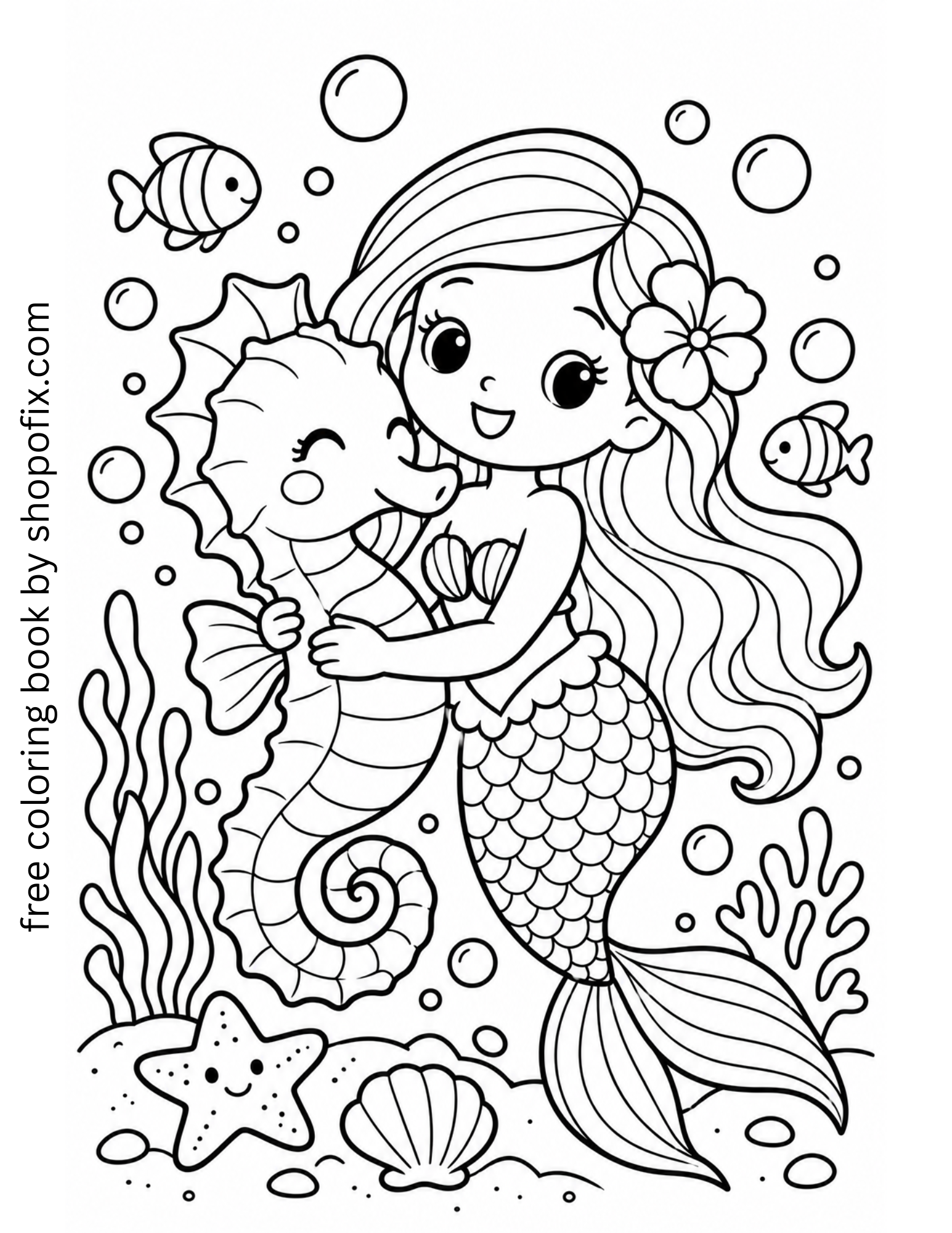 FREE DOWNLOAD Mermaid and Seahorse Coloring Page